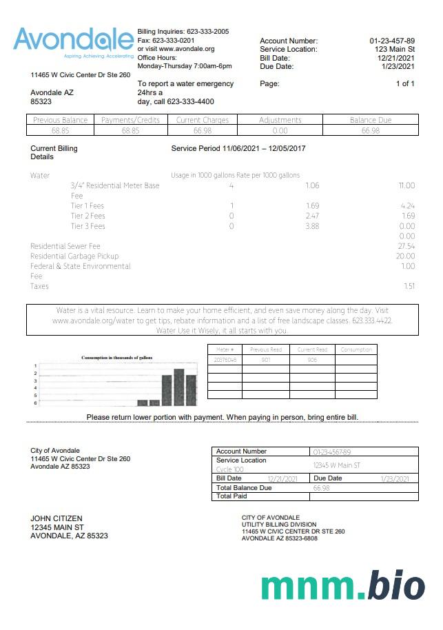 USA Arizona Miasto Avondale woda rachunek za media szablon w formacie Word i PDF